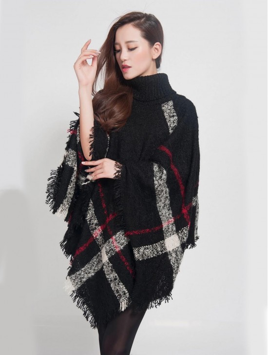 Cozy Fringed Poncho W/Turtleneck Cozy Fringed Poncho W/Turtleneck